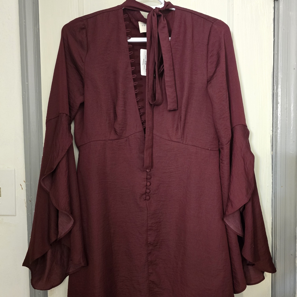 Vestique Maroon Long Sleeve Dress with Tie Neck